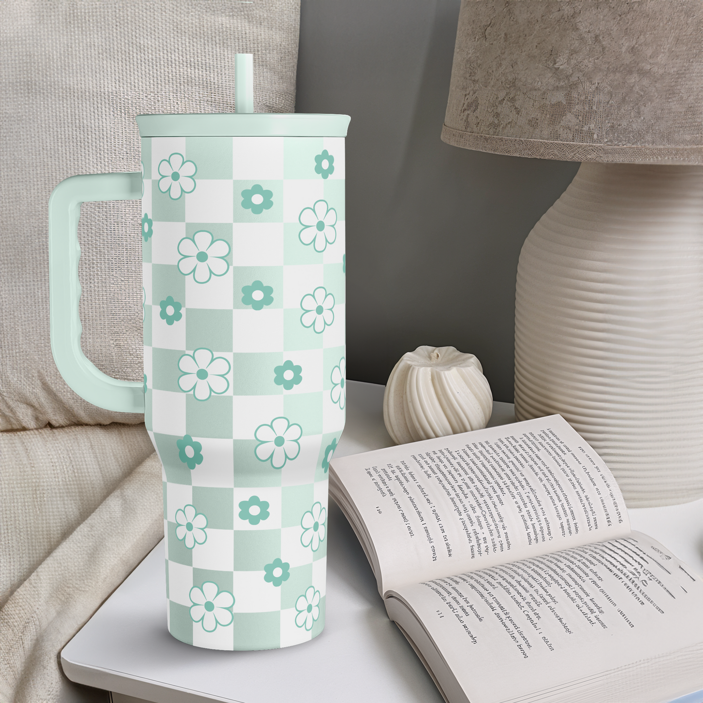 Mint Checker Daisy Slidemate | Slider Tumbler with Handle 40oz