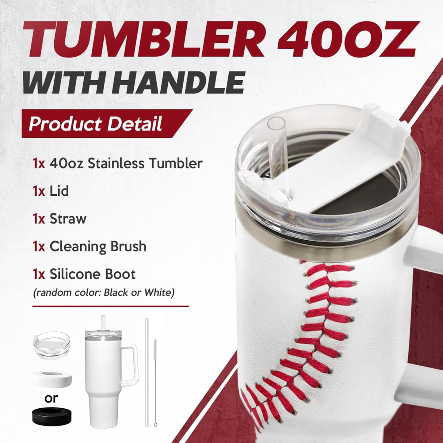 White Baseball Quencher Tumbler with Handle 40oz